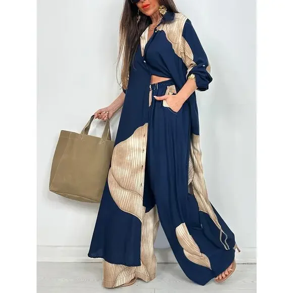 Luxury Blue Colorblock Satin Lounge Oversized Button-Down Shirt & Wide-Leg Pants - Picture 3 of 12